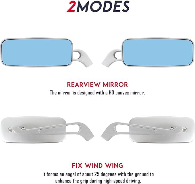 Devilmotor Black Rectangle Motorcycle Bobber Mirrors for Cruiser Chopper with Smoke Blue 8mm-10mm (Silver)