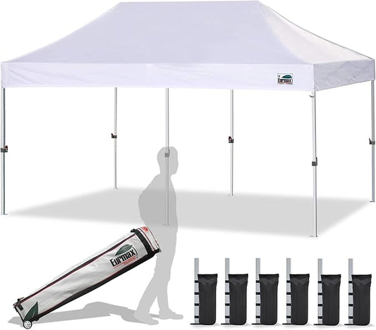 Eurmax USA 10'x20' Pop Up Canopy Tent Commercial Instant Canopies with Heavy Duty Roller Bag,Bonus 6 Sand Weights Bags (White)
