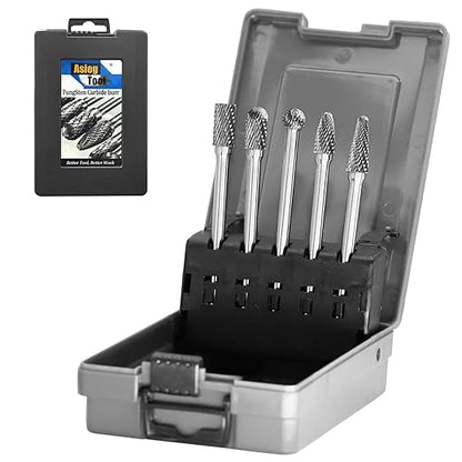 5pcs Tungsten Carbide Burrs Set with 1/4''Shank Double Cut Extended Long Solid Power Tools Carbide Rotary Files Bits for Die Grinder Metal Wood Carving Engraving Polishing Drilling Grinding Milling