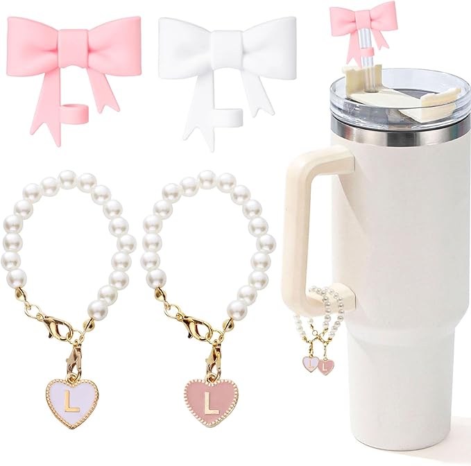 Pink Bow Stanley Straw Topper, 2pcs Pearl Chain for Stanley Cup Accessories Initial Letter Charms Handle with 2pcs Straw covers for Water Bottle Jewelry Tumbler Personalized Decorations Tag L