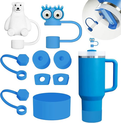 Stanley Cup Accessories Set Including 6 Pcs Silicone Spill Proof Stopper, 2 Pcs Straw Cover Cap for 9-10 mm Straws, 1 Pcs Silicone Boot for Stanley Cup 40oz & 30oz Tumbler (Azure)