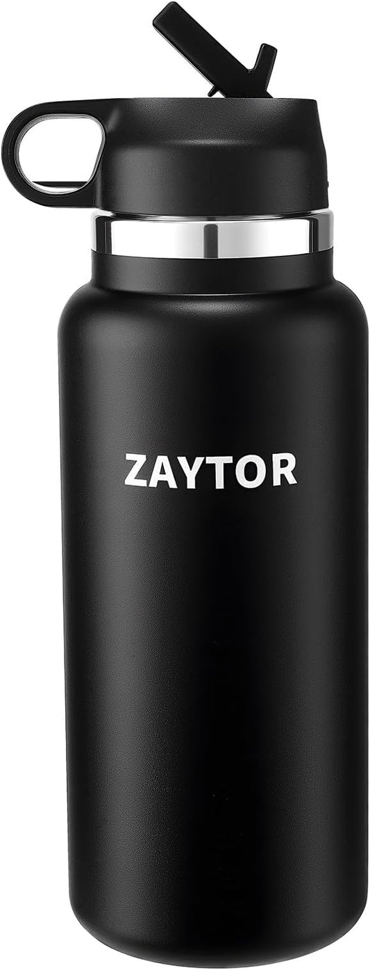 Insulated Water Bottle with Straw Lid, 32 oz Stainless Steel, Vacuum Insulated, Leakproof, BPA-Free, Wide Mouth, Durable Powder-Coat – Black