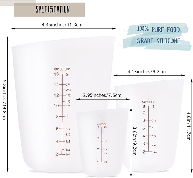 3 PCS Silicone Flexible Measuring Cups,Melting Cups for Epoxy Resin,Butter,Chocolate and More,2 Cup&1 Cup&1/2 Cup,Squeeze and Pour Silicone Measuring Cup with Marking Ounce/ML