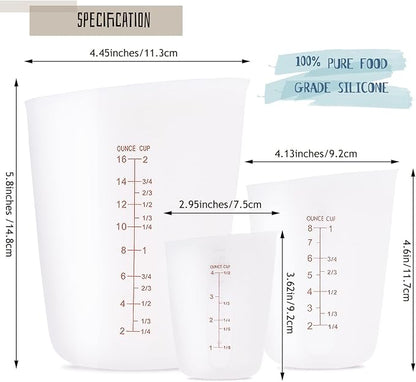 3 PCS Silicone Flexible Measuring Cups,Melting Cups for Epoxy Resin,Butter,Chocolate and More,2 Cup&1 Cup&1/2 Cup,Squeeze and Pour Silicone Measuring Cup with Marking Ounce/ML