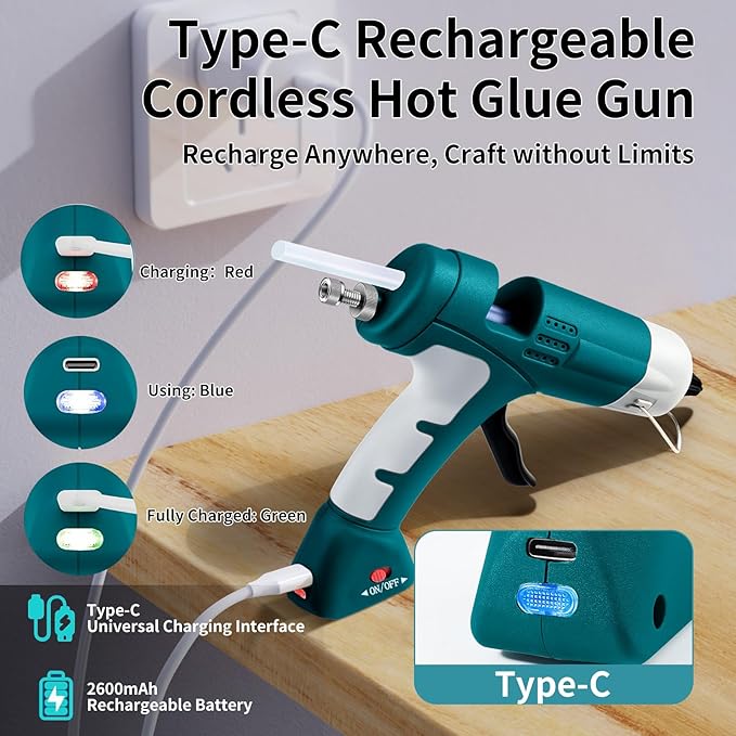 Cordless Hot Glue Gun,20W Hot Glue Gun with 30 Glue Sticks & 2600mAh Type-C Rechargeable,90S Fast Heating Cordless Mini Glue Gun for Crafts,School DIY,Arts,Home Repair