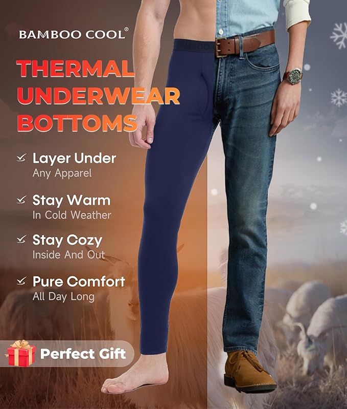Men's Heavyweight Thermal Underwear Long Johns Bottom with Soft Wool Lining, Stretch Comfortable Base Layer for Cold Weather
