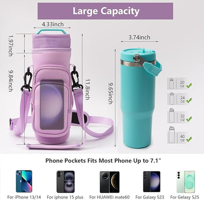 linmaya Water Bottle Carrier Bag, Insulated Water Bottle Bag Fits Stanley IceFlow Owala 16/24/32/40oz Tumbler, Water Bottle Holder with Shoulder Hand Straps, 2 Pockets for Travel, Hiking, Camping