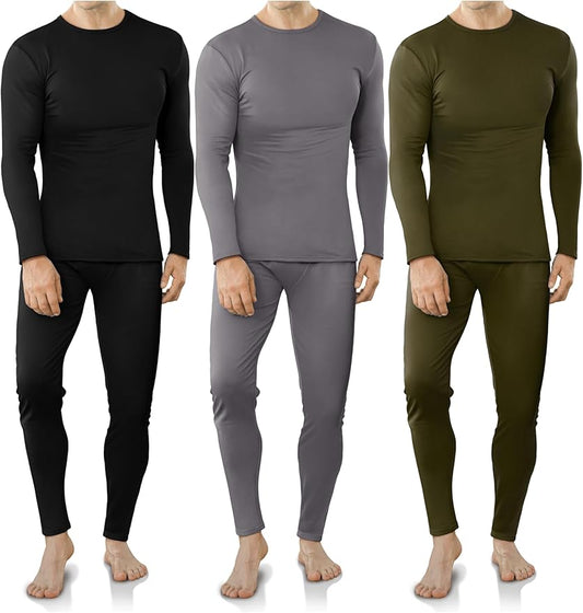 VZV 3 Set Thermal Underwear for Men Fleece Lined Long Johns Mens Thermals Top and Bottom Set Base Layer for Cold Weather