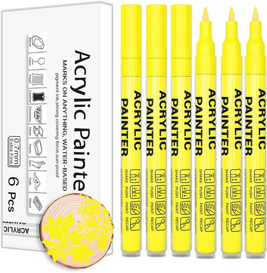 Acrylic Paint Pens Waterproof Markers 6 Yellow Permanent Marker Pens Acrylic Pens for Rock Painting Glass Stone Ceramic Metal Fabric Pebble Painting pens Craft Supplies