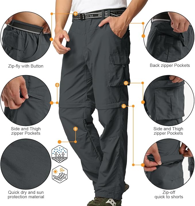 Mens Hiking Pants Convertible Quick Dry Zip Off Fishing Travel Safari Pants