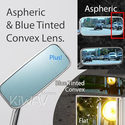 KiWAV Motorcycle Mirrors Rectangular ClassicPlus Polished Chrome Convex Aspherical Anti-Glare Blue Tinted Longer Stem 10mm 5/16 Inches Adapters for Cafe Racer Bobber Chopper Road Bike Pack of Pair