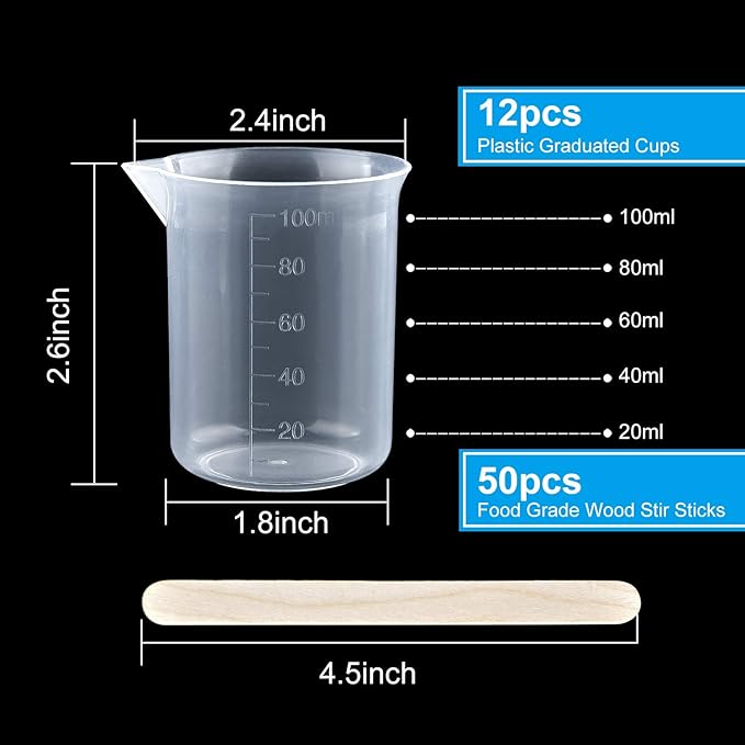 Coopay 12 Pack 100ml/3.4oz Plastic Beakers Epoxy Mixing Cups, Plastic Graduated Cups Clear Multipurpose Measuring Cups with 50 Pack Wooden Stirring Sticks for Resin, Epoxy, Stain, Mixing Paint
