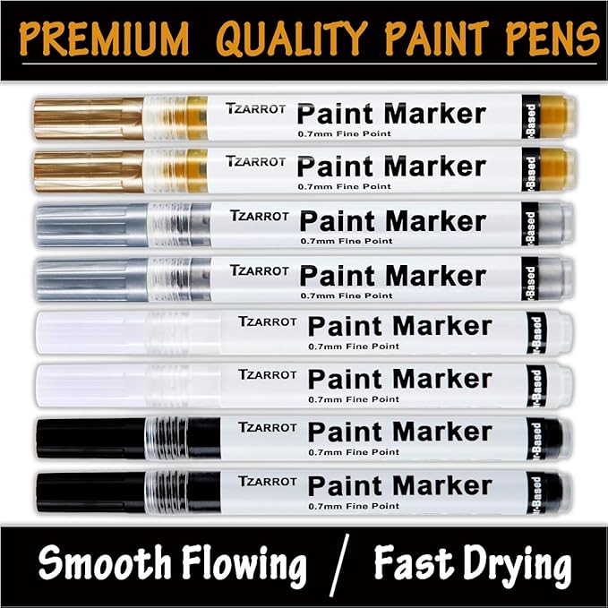 TZARROT White Paint Pen, 8 Pack 0.7mm Acrylic Paint Pens with 2 White 2 Black 2 Gold 2 Silver Permanent Marker for Wood Rock Fabric Metal Plastic Ceramic Acrylic Markers Extra Fine Tip