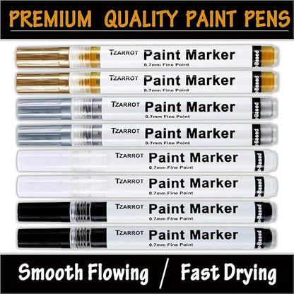 TZARROT White Paint Pen, 8 Pack 0.7mm Acrylic Paint Pens with 2 White 2 Black 2 Gold 2 Silver Permanent Marker for Wood Rock Fabric Metal Plastic Ceramic Acrylic Markers Extra Fine Tip