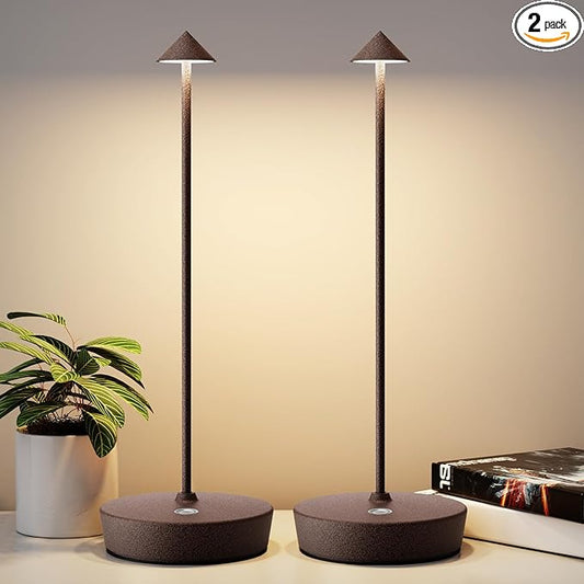 2Pack Rechargeable Cordless Table Lamp, Portable Powered LED Battery 6000mAh Metal USB Desk Lamp, 3 Levels Brightness Light for Restaurants Outdoor (2pack ferruginous)