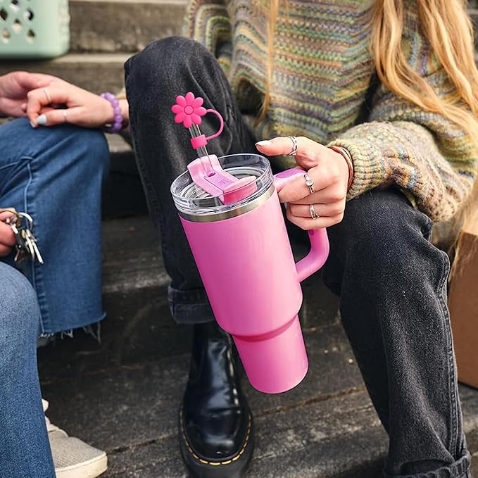 4PCS Silicone Straw Covers Toppers for Stanley Cups 30&40 Oz Tumbler Accessories Flower Straw Caps Rose Red Dust-Proof Reusable Straws Tips Protectors for Stanley Cup 10mm 0.4in Straws