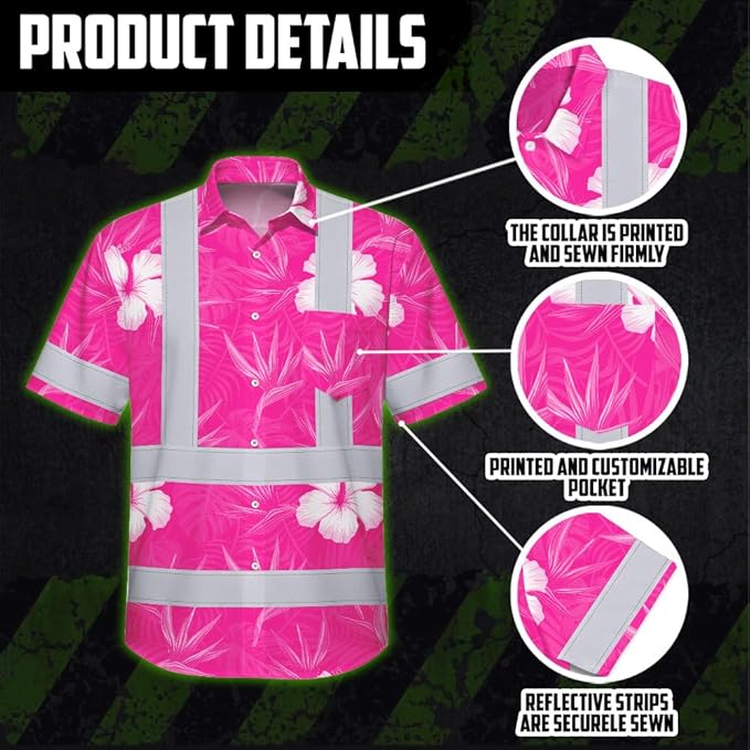 High Visibility Hawaiian Shirt for Men Tropical Shirts Custom Name Floral Outfit Reflective Safety Workwear