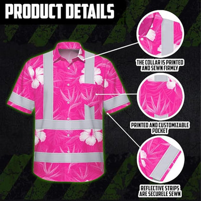 High Visibility Hawaiian Shirt for Men Tropical Shirts Custom Name Floral Outfit Reflective Safety Workwear