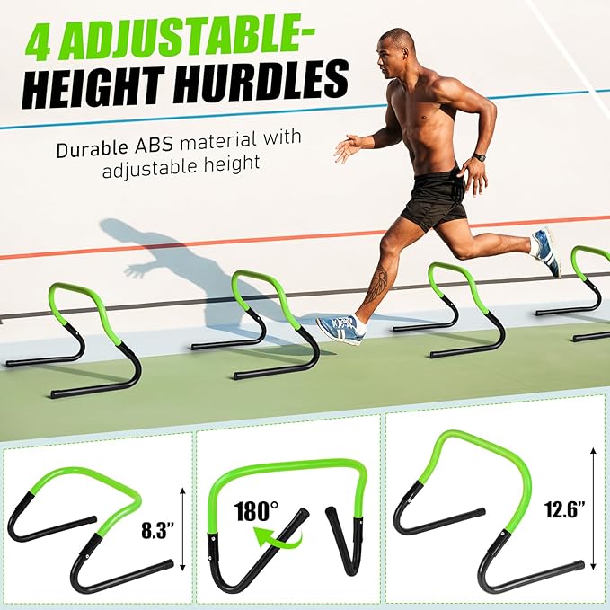 Agility Speed Training Equipment Set, Football Practise Set with 20ft Agility Ladder, 12 Cones, 4 Adjustable Hurdles, Jump Rope, Parachute, for Basketball, Soccer, Football, Kids, Youth, Adults