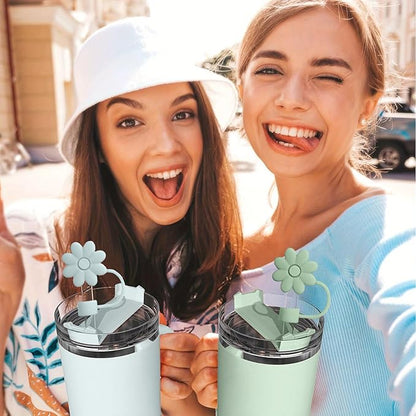 6PCS Silicone Straw Covers Toppers for Stanley Cups 30&40 Oz Tumbler Accessories Flower Straw Caps Black Blue Dust-Proof Reusable Straw Tips Protectors for Stanley Cup 10mm 0.4in Straws