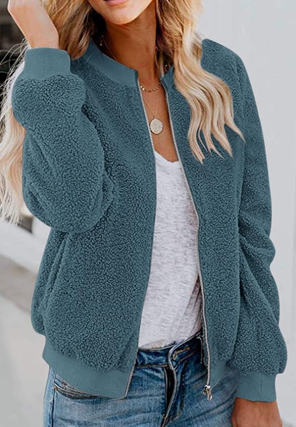 MIROL Women's Fall Trendy Fleece Jacket Faux Sherpa Fuzzy Casual Long Sleeve Zip Up Loose Fit Bomber Winter Coat