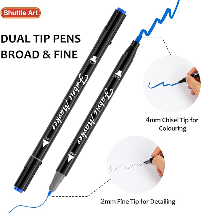 Shuttle Art Fabric Markers Pens, 30 Colors Dual Tip Fabric Marker Permanent No Bleed Markers for T-Shirts Sneakers, Non-Toxic & Child Safe Permanent Fabric Pens for Kids Adult Painting Writing