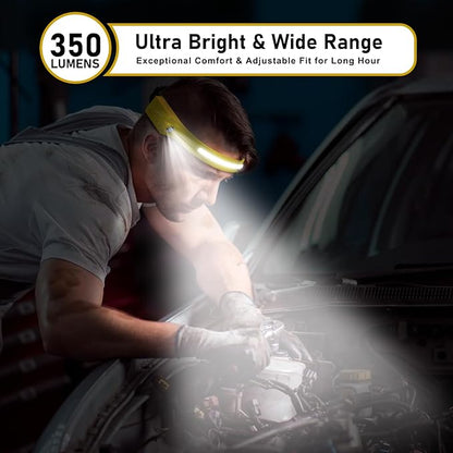 Rechargeable LED Headlamp 2-Pack – 350 Lumens, Waterproof, Wide 230° Beam, USB-C Charging (Yellow) Lightweight, Comfortable, Adjustable – Ideal for Camping, Hiking, Outdoor Adventures & Repair Work