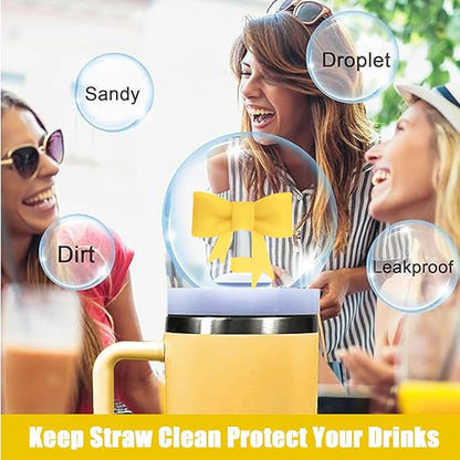 4Pcs Silicone Straw Toppers Covers for Stanley Cups 40/30oz 10mm(0.4in) Lemon Yellow Dust-Proof Bow Straw Covers Toppers Suitbale for Stanley Cup Accessories Reusable Straws Caps