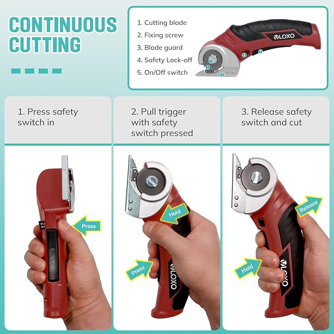 VLOXO Cordless Electric Scissors, Electric Box Cutter 4V Power Rotary Scissors Rechargeable Cardboard Cutter with Safety Lock Multi-Cutting Tools for Leather Carpet Canvas (Red)