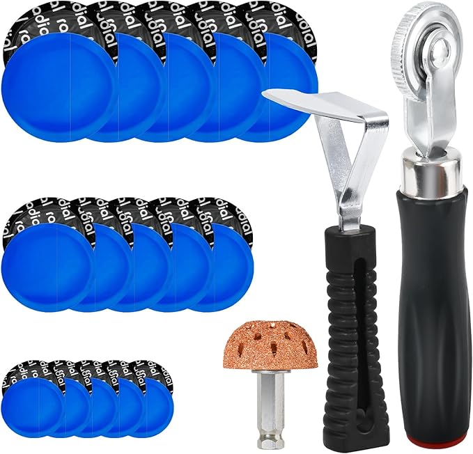 33PCS Tire Repair Patch Tools Tire Patch Kit, 30PCS Tire Patches(32mm/ 42mm/ 58mm with Tire Patch Roller, Tire Repair Buffing Wheel, Tire Inner Liner Scraper for Car Motorcycle Bike