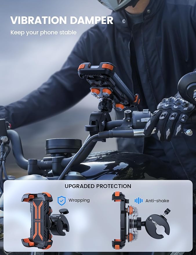 Lamicall Motorcycle Phone Mount Holder - [Dual Vibration Dampener] [Anti Shake] Motorcycle Cell Phone Holder, Upgrade Bike Phone Mount, Fit iPhone 16/15/14/13 Pro Max, 4.7-6.7" Phones, Orange