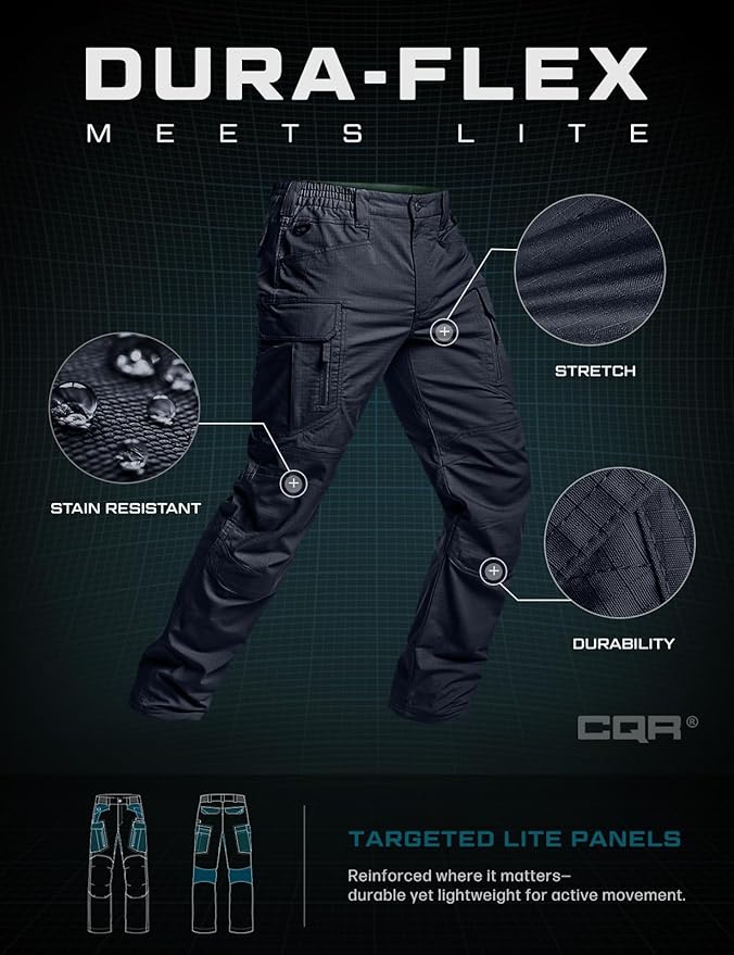 CQR Men's Flex Stretch Tactical Pants, Water Resistant Ripstop Cargo Pants, Lightweight EDC Outdoor Work Hiking Pants