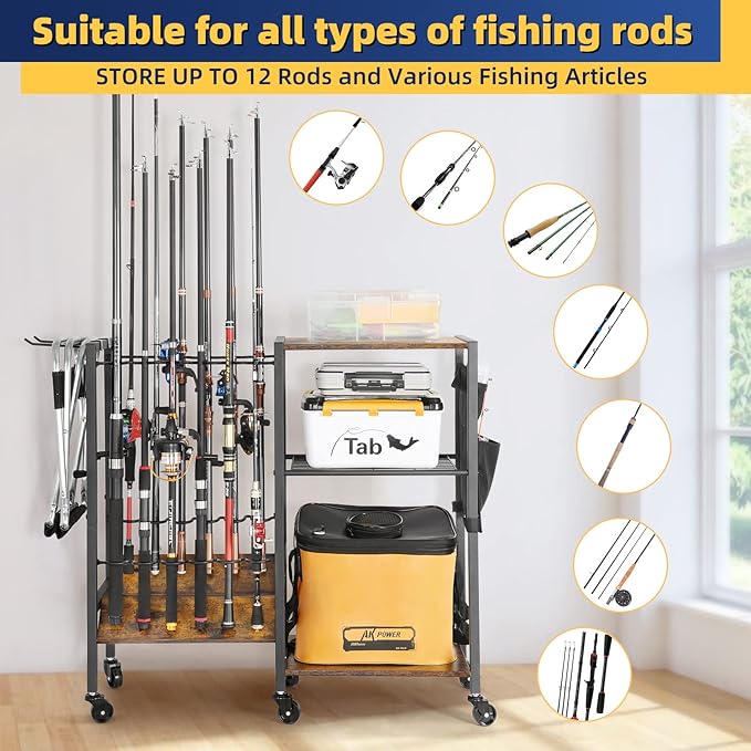 Olakee Fishing Rod Holder, Fishing Pole Holders for Garage Boat Home Entryway Fishing Gear Storage with Tackle Cart Ideal Gift for Men Dad Anglers Corner Design for Rods and Equipment Organizers