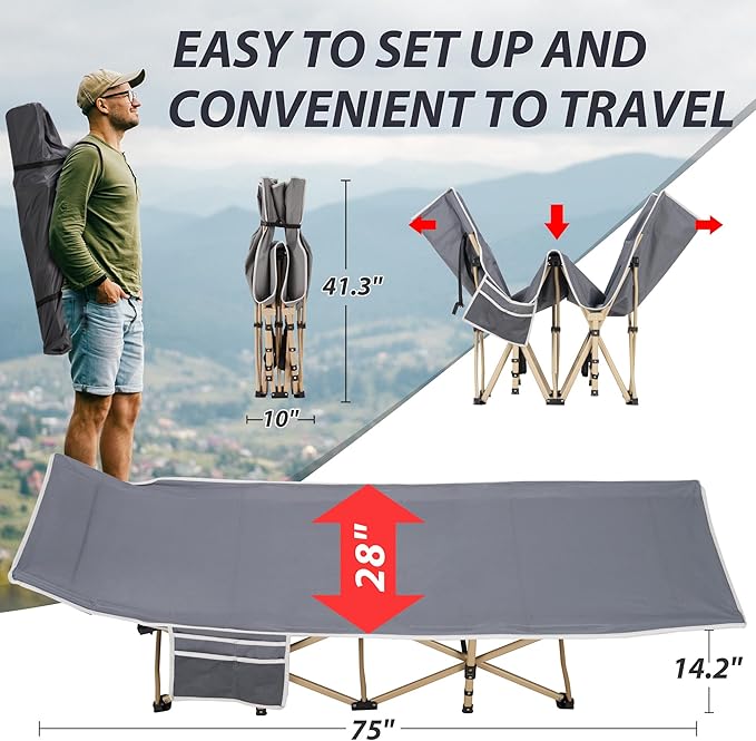 Folding Camping Cot for Sleeping, Portable Cots for Adults, Heavy Duty Cot Bed 550LBS(Max Load), Extra Wider Cots with Large Pocket for Outdoor, Office, Beach