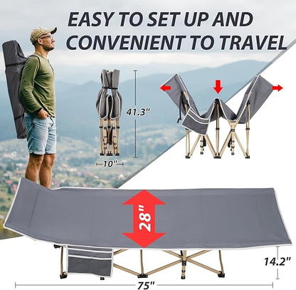 Folding Camping Cot for Sleeping, Portable Cots for Adults, Heavy Duty Cot Bed 550LBS(Max Load), Extra Wider Cots with Large Pocket for Outdoor, Office, Beach