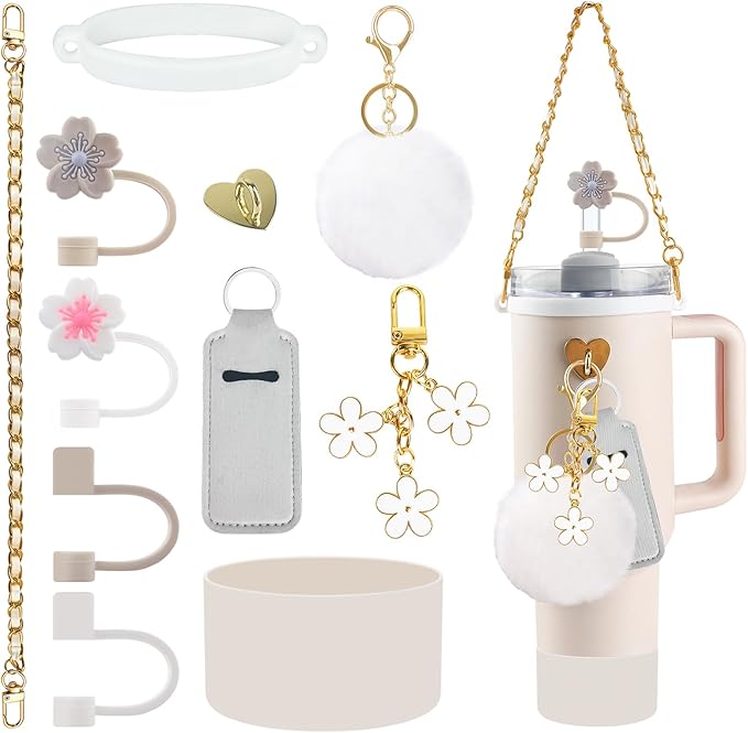 Velaco 11 PCS Accessories for Stanley Cup, Water Bottle Handle Strap for Stanley 30/40 oz tumbler with handle, including Straw Toppers, Silicone Cup Boot, Keychain Charms - White