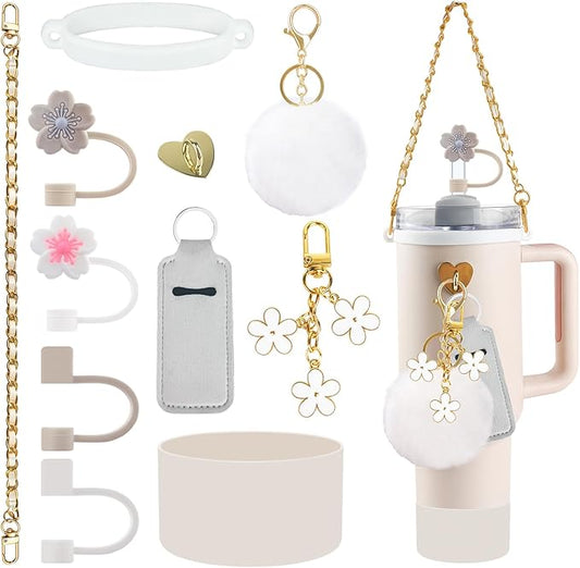 Velaco 11 PCS Accessories for Stanley Cup, Water Bottle Handle Strap for Stanley 30/40 oz tumbler with handle, including Straw Toppers, Silicone Cup Boot, Keychain Charms - White