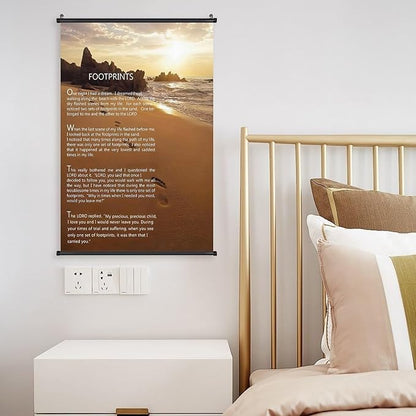 Footprints in the Sand Religious Canvas Wall Art Posters, Inspirational Beach Sunset Poem Print Poster (Black Axis 16x24inch, Footprints(2))