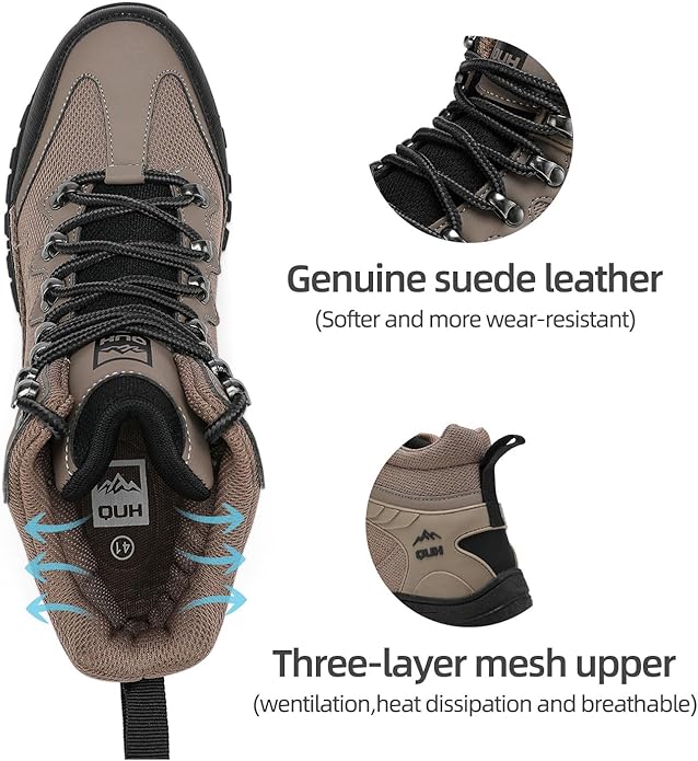 QUH Men's Outdoor Hiking Shoes Breathable Waterproof Non-Slip Mid-Cut Sports Shoes for Fitness, Outdoor Camping, Walking