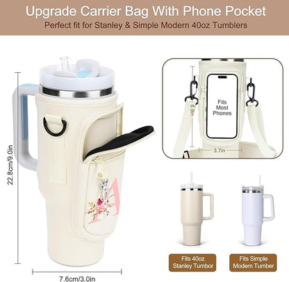 Initial Water Bottle Holder with Strap for Stanley 40 oz Tumbler/Simple Modern 40 oz Tumbler,Water Bottle Carrier Bag with Strap,Personalized A-Z Phone Pocket for Stanley Cup Accessories