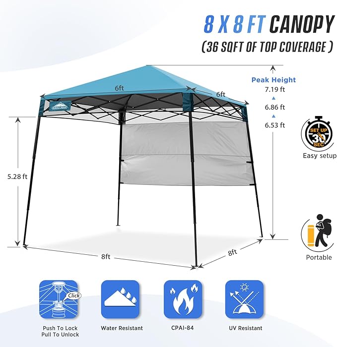 EAGLE PEAK 8x8 Pop Up Canopy Tent with Sidewall, Compact, Portable Slant Leg Instant Sun Shelter for Beach, Sports, & Camping, 8x8 Base 6x6 Top, Light Blue