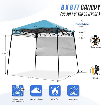 EAGLE PEAK 8x8 Pop Up Canopy Tent with Sidewall, Compact, Portable Slant Leg Instant Sun Shelter for Beach, Sports, & Camping, 8x8 Base 6x6 Top, Light Blue