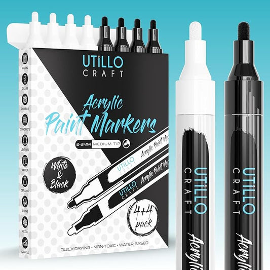 Utillo Craft (8-Pack White+Black Paint Pens | Medium Tip Made in Japan | Bold Color+100% Coverage on Rock, Wood, Glass, Fabric, Paper, Plastic, Metal | 2-3mm White and Black Acrylic Paint Markers