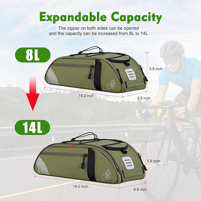 YEEGO DIRECT Bike Rack Bag, 14L Expandable Capacity Bike Bags for Bicycles Rear Rack,Water-resistant Bike Trunk Panniers Reflective Design, Crossbody Shoulder Bag for Commuting Outings(Green)