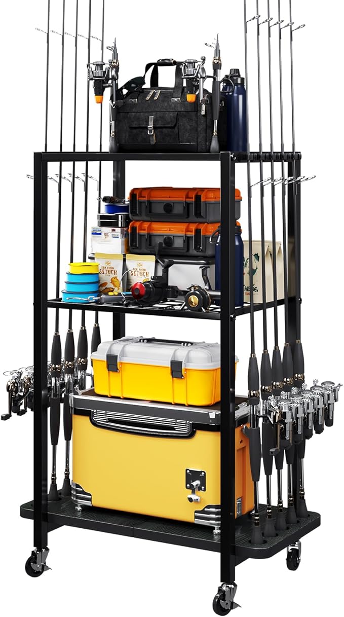 TC-HOMENY Fishing Rod Holder for Garage, Fishing Pole Rack Cart 10 Rod Fit All Fishing Rods, 3 Tier Fishing Tackle Storage Organizer Rack with Storage Bag, Fit For Living Room, Black