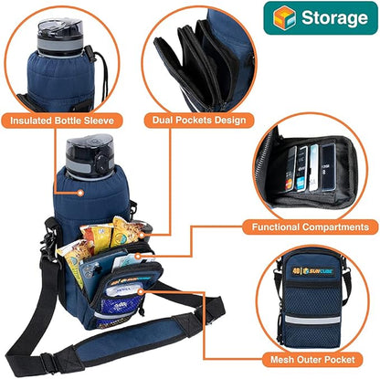 SUN CUBE Water Bottle Carrier with Strap, Insulated Water Bottle Carrier Bag with Phone Pocket Pouch, Sleeve Sling Purse Crossbody Bottle Holder for Walking, Sports, Hiking Accessories 40/64 oz