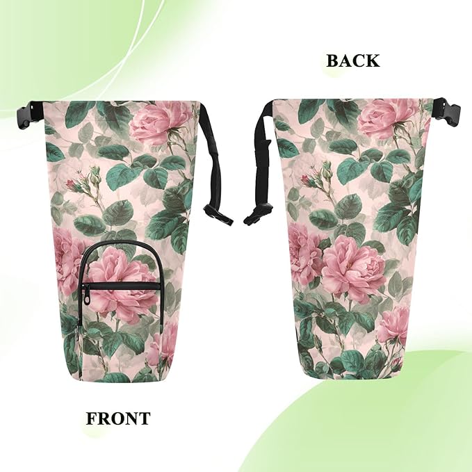 Pink Vintage Roses with Leaves Water Bottle Holder with Strap Insulated Water Bottle Carrier Crossbody Bags Pouch with Phone Pocket for Travel Gym Hiking Walking Running