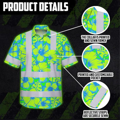 High Visibility Hawaiian Shirt for Men Tropical Shirts Custom Name Floral Outfit Reflective Safety Workwear