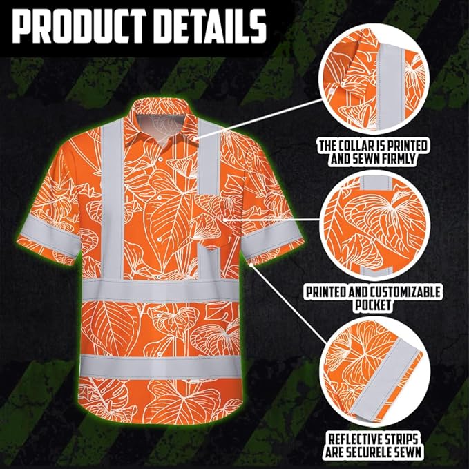 High Visibility Hawaiian Shirt for Men Tropical Shirts Custom Name Floral Outfit Reflective Safety Workwear