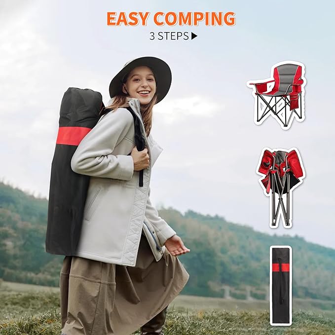 2 Pack Padded Oversized Camping Chairs for Adults,Heavy Duty Support 400 Lbs,Folding Portable Lawn Chair w/Cup Holder,Cooler Bag,Side Pocket,Perfect for Outdoor Picnic,Hiking(Red&Black)